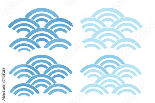 Japanese wave pattern set. Traditional Seigaiha motif with blue watercolor texture. Oriental Asian ocean water symbol. Vector illustration for background, fabric print or design.