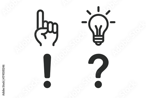 Vector icon set of idea, question, answer. Lightbulb, pointing finger, exclamation and question mark. Concept for creativity, problem solving, information, attention, FAQ.