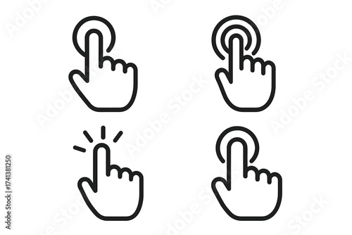 Hand cursor icons set. Finger clicking button. Tap and press pointer symbol collection. Touchscreen gesture for web design, UI, UX interface. Click here concept vector.