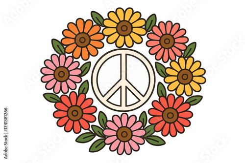 Peace symbol with flowers. Floral wreath. Flower Power. Hippie sign. Groovy 60s 70s retro style. Vintage vector illustration. Anti-war emblem. Love, peace and harmony icon.