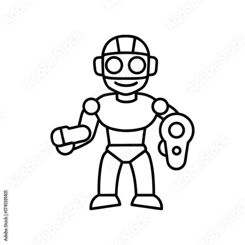 Simple outline drawing of a friendly cartoon robot character standing with arms outstretched. robot cartoon character.