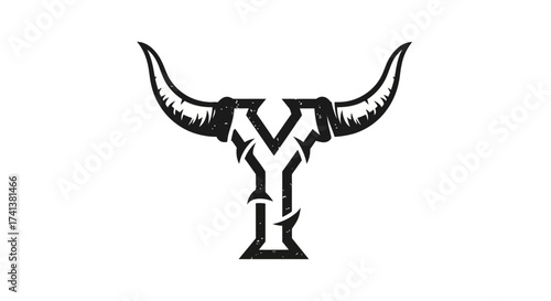 Stylized Bull Skull with Letter Y Design in Black and White