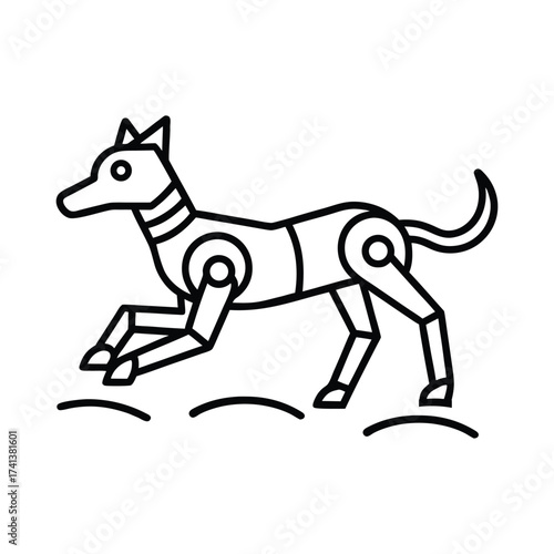 Stylized line art illustration of a mechanical dog with articulated joints running on a simple ground line. Dog cartoon character.