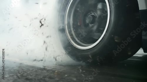 Car Wheel Spinning and Smoking Tire During Burnout