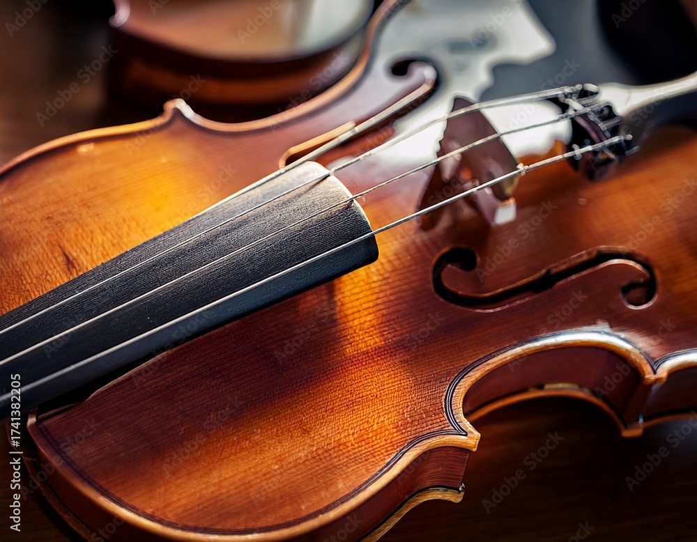 Fototapeta premium Close-up of a Beautiful Violin Showing F-Holes, Strings, Bridge and Fingerboard, Ready to Play Wonderful Music.