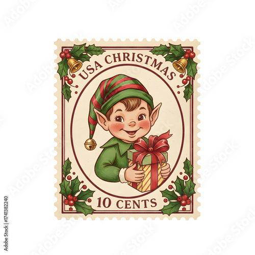 Classic Postage Stamp Featuring Cheerful Christmas Elf Holding Gift