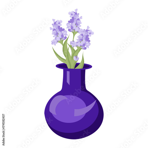 Bouquet of lavender in a blue vase. Vector illustration isolated on white background.