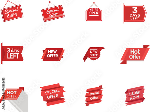 Red sale signs with white text offer