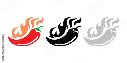 Flaming Chili Pepper Icon Set. Spicy Food Vector Design. Hot Chili Pepper Fire Icons. Red, Black, and Gray Vector