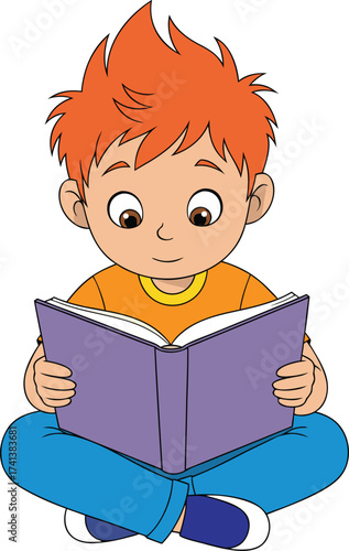 Cartoon Boy Reads a Book While Sitting Down Cross Legged Absorbed in the Story Illustration Style Cartoon Drawing
