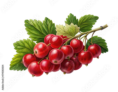 Vibrant Watercolor Illustration of Red Currants with Green Leaves on White Background