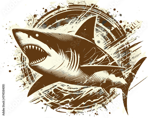 Bold, monochrome shark illustration shows a dynamic predator breaking through splatter ink with energetic motion. Ideal for modern marine themes, posters, graphics, and design projects