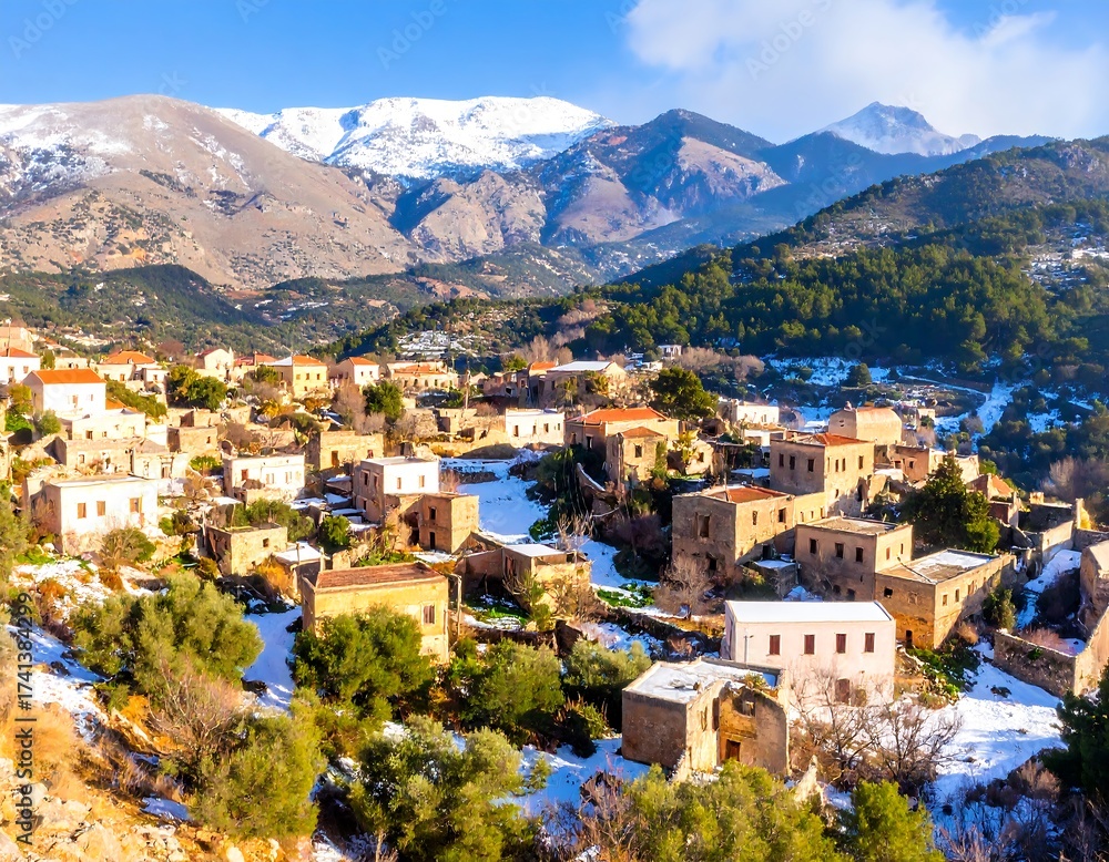 Fototapeta premium Mountain village blanketed in winter snow