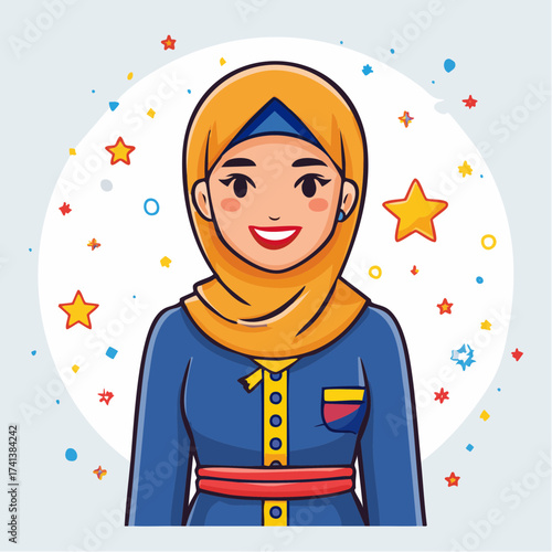 Smiling Muslim woman in hijab with stars and confetti