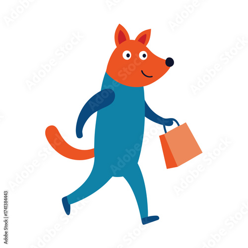 Cute cartoon fox character wearing a blue outfit and carrying a shopping bag. fox character shopping.