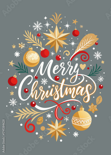 Elegant hand-lettered “Merry Christmas” typography greeting card with gold and red accents, surrounded by snowflakes, stars, and ornaments, festive minimal vector composition for holiday designs 