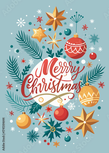 Festive Christmas greeting card vector featuring hand-lettered “Merry Christmas” surrounded by delicate snowflakes, stars, and ornaments in elegant red and gold, minimal modern typography design 