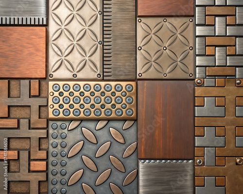 features a collage of various metallic textures and patterns, including ridged, mottled, and textured surfaces, arranged in a grid. The materials appear to be aged and weathered, giving them a rustic 