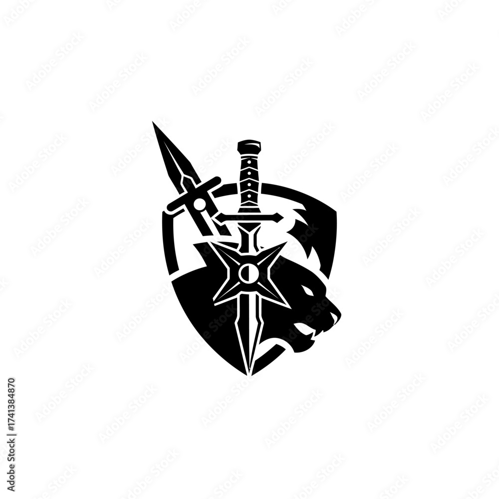 Fototapeta premium Black and White Shield Logo with Sword and Ninja Star