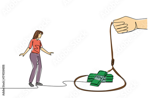 Continuous one line drawing young beautiful woman walking towards a rope trap containing several stacks of banknotes. The trap of abundance. Money Bait. Single line draw design vector illustration