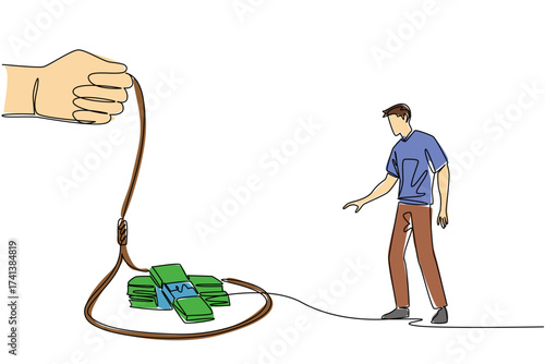 Single continuous line drawing man in casual clothes walking towards a rope trap containing several stacks of banknotes. Debt to meet the lifestyle. Money Bait. One line design vector illustration