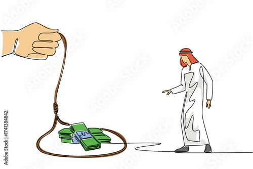 Single one line drawing arabian man walking towards a rope trap containing several stacks of banknotes. Wanting profit but instead getting loss. Money Bait. Continuous line design graphic illustration