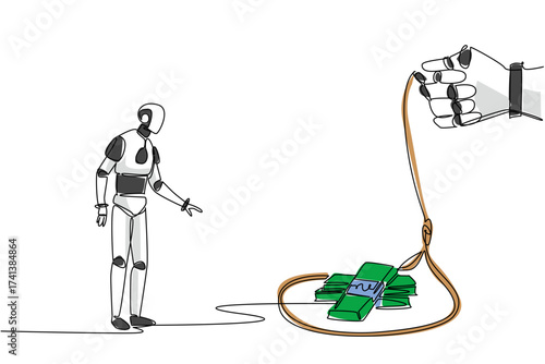 Continuous one line drawing robot walking towards a rope trap containing several stacks of banknotes. Barriers to a sophisticated future. Trap. Money Bait. Single line draw design vector illustration