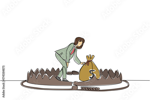 Single continuous line drawing businesswoman is taking money bag on top of bear trap. Initial capital is burdensome. Business must continue to run. Money Bait. One line design vector illustration