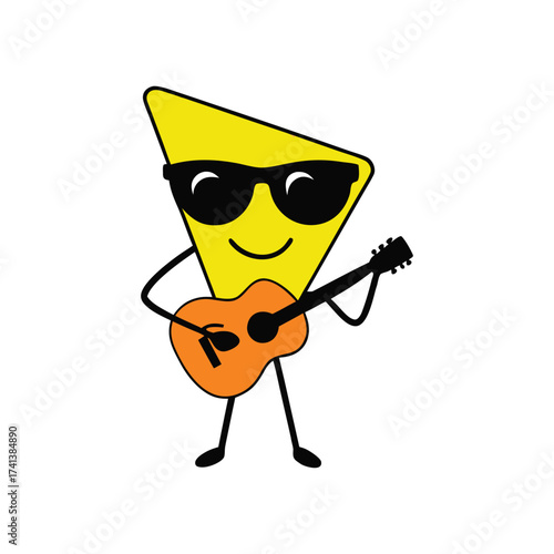 Cool cartoon yellow triangle character wearing sunglasses playing an acoustic guitar with a smile.  triangle character.