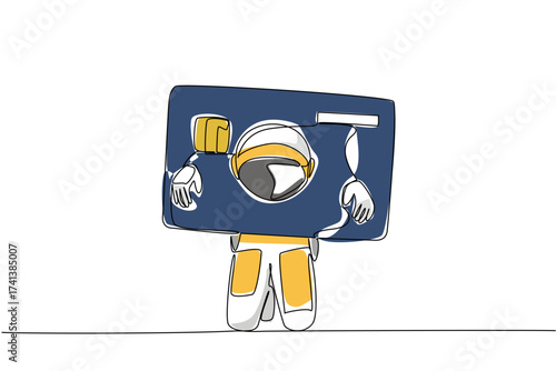Single one line drawing an astronaut trapped head and both hands in a large credit card. Loss on return from lunar expedition. Fall into a trap. Money Bait. Continuous line design graphic illustration
