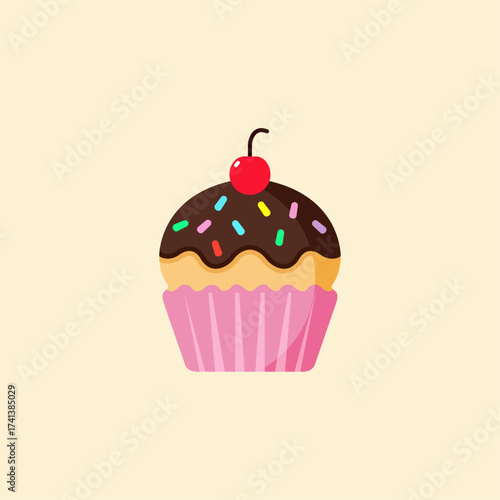 Delicious Cupcake with Sprinkles and Cherry with light brown background. 