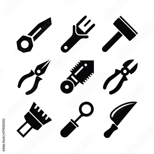Collection of nine black tool icons on white background wrench