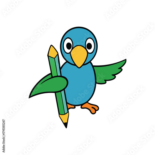 Cute cartoon blue bird character holding a large green pencil with wings spread. bird cartoon character.
