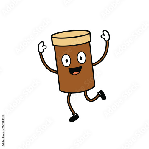 Happy cartoon coffee cup character with arms and legs dancing with joy and excitement. coffee cup cartoon character.