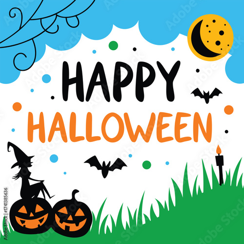 Happy Halloween text with witch pumpkins bats moon and candle greeting holiday