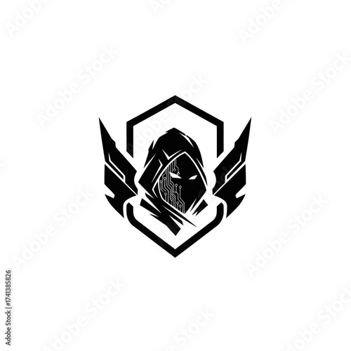 Cybernetic Hooded Figure with Circuitry and Winged Emblem Design
