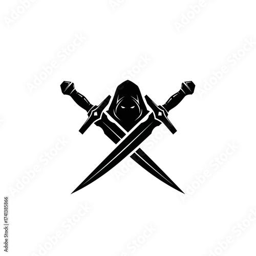 Hooded Figure with Crossed Swords Emblem Design