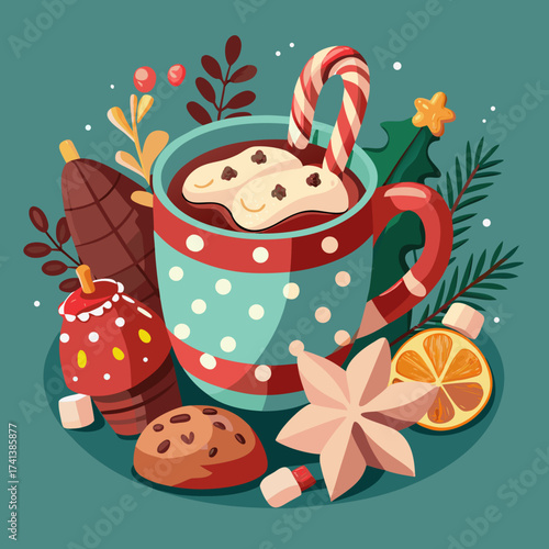 Warm cozy cup of hot chocolate with marshmallows and cinnamon stick, served with festive Christmas cookies, candy canes, and winter decorations, comforting holiday treat vector illustration for season