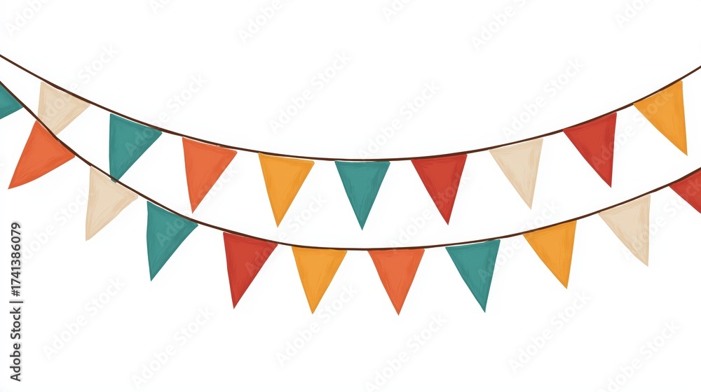 Fototapeta premium Colorful triangular flags are strung together, creating a festive atmosphere, ideal for celebrations or decorative themes.