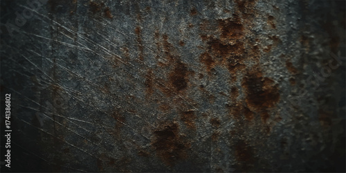 An old, rusty metal wall provides a grungy, textured surface with a brown and weathered pattern