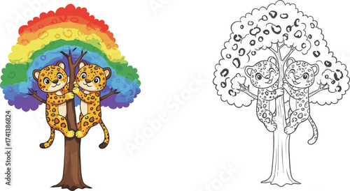 Cartoon leopards hugging rainbow tree, colorful jungle cat illustration, children’s coloring page artwork, playful wildlife character design, educational drawing for kids