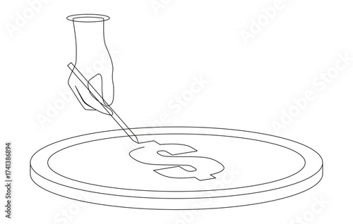 Continuous line art of a hand drawing a dollar coin with a transparent background. Vector illustration.