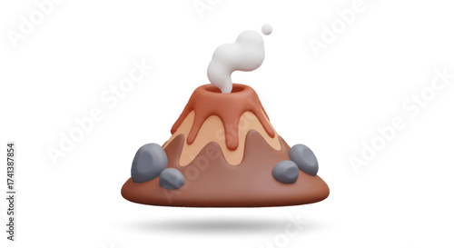 Stylized 3D cartoon volcano erupting with smoke and lava flow.