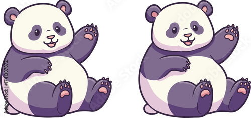 Cartoon pandas waving happily, cute black and white animals sitting side by side, whimsical wildlife illustration, children’s puzzle and coloring artwork