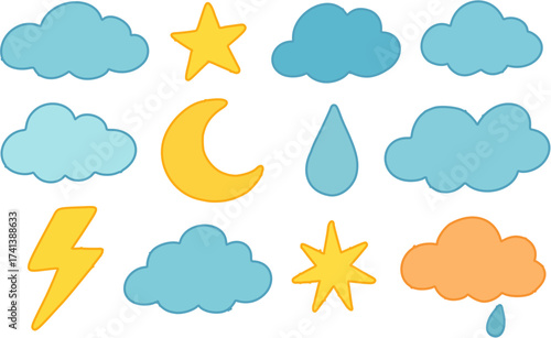 Weather icons featuring clouds, moon, stars, lightning, and raindrops in a cartoon style drawing on transparent background