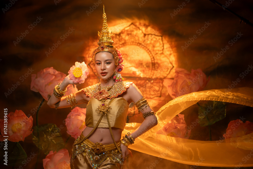 Fototapeta premium A beautiful woman in traditional Thai costume performing a classical dance
