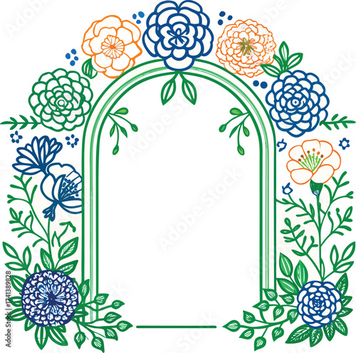 Decorative floral archway with blue green and orange flowers and leaves