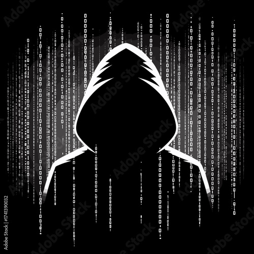 Mysterious hacker silhouette against digital binary code background for cybersecurity concept