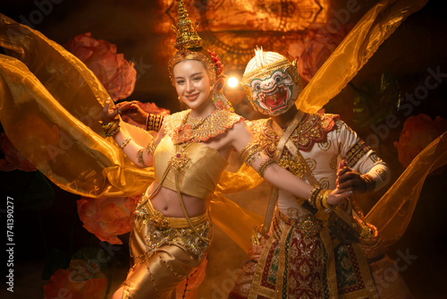 Traditional Thai dance performance featuring a graceful female dancer and a masked Khon performer