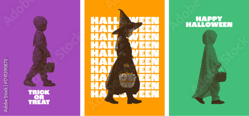 Bold Halloween poster with halftone effect kids in costume holding trick or treat buckets on colorful background
